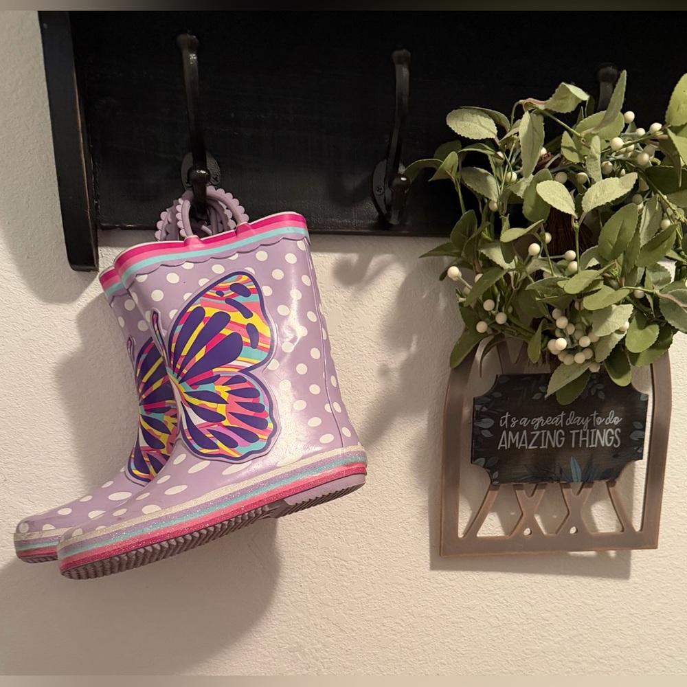Purple Polka Dot Rain Boots with Butterfly Design